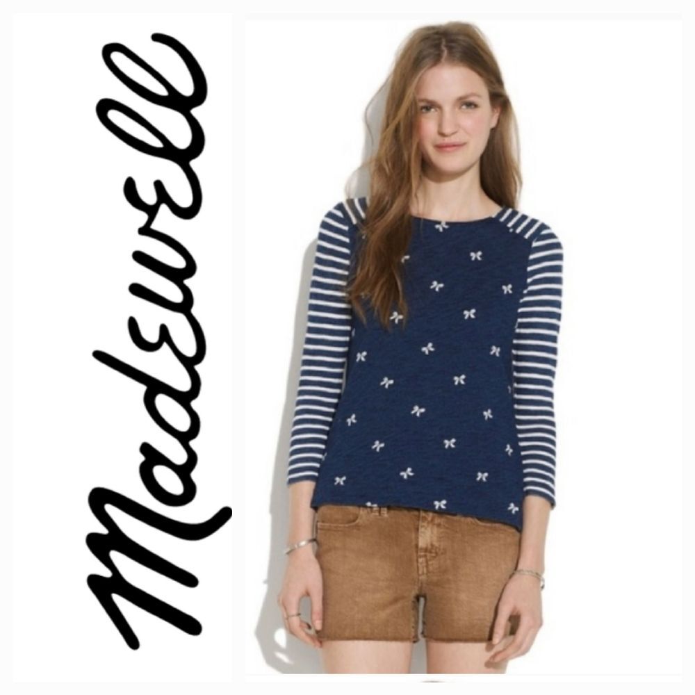 NWOT Madewell Women’s Blue White Bow Stripes 3/4 Sleeve Sweater Top Size S
